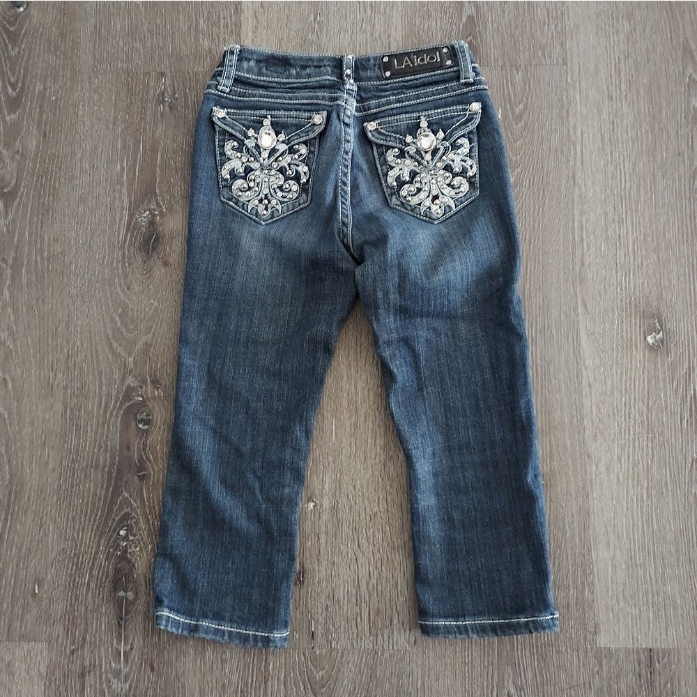 LA Idol USA Girls Denim Rhinestone Pockets Capri Jeans Size 10